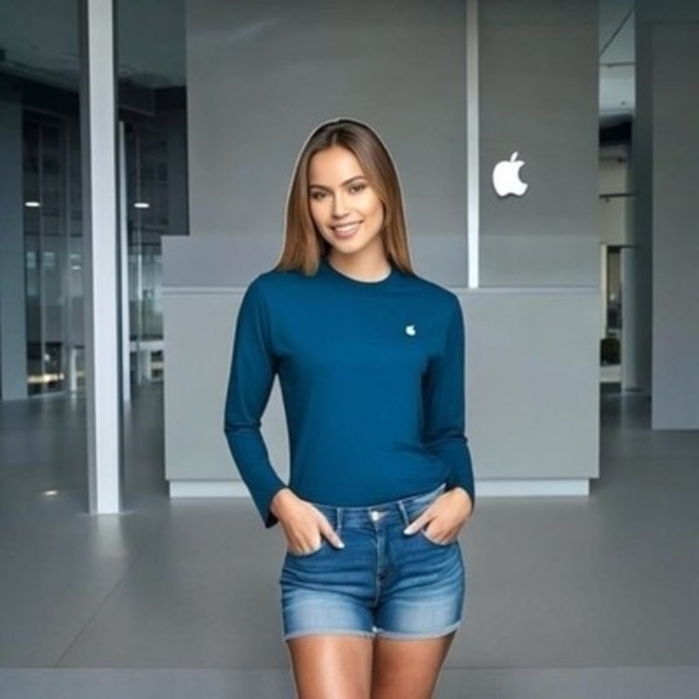 Apple Unisex Turquoise Blue Cotton Long Sleeve Crew Neck T-Shirt Size XLT NWOT